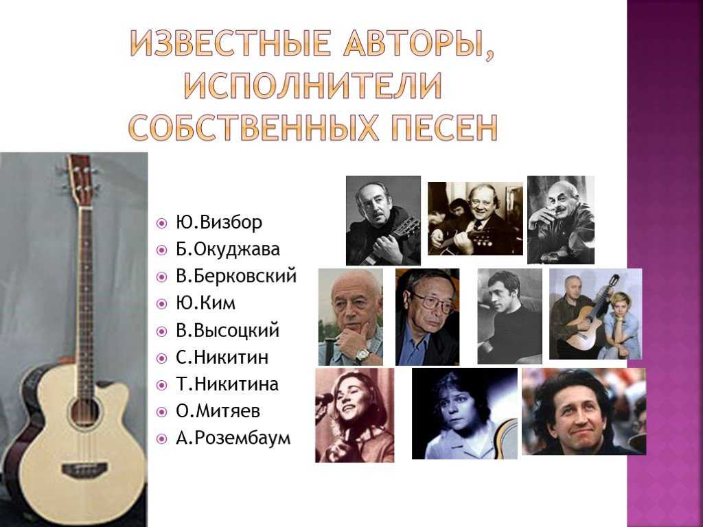 Примеры авторской песни. Высоцкий и Окуджава. Авторы исполнители авторских песен. Известные авторы исполнители. Имена известных бардов.