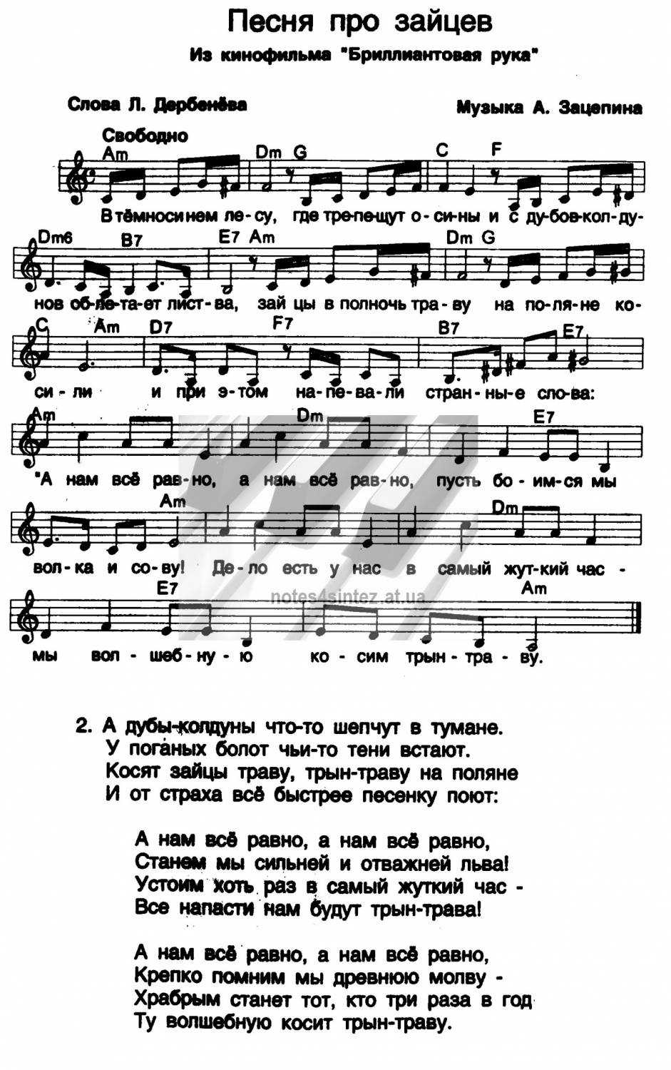 Песенка про Зайцев Ноты для фортепиано