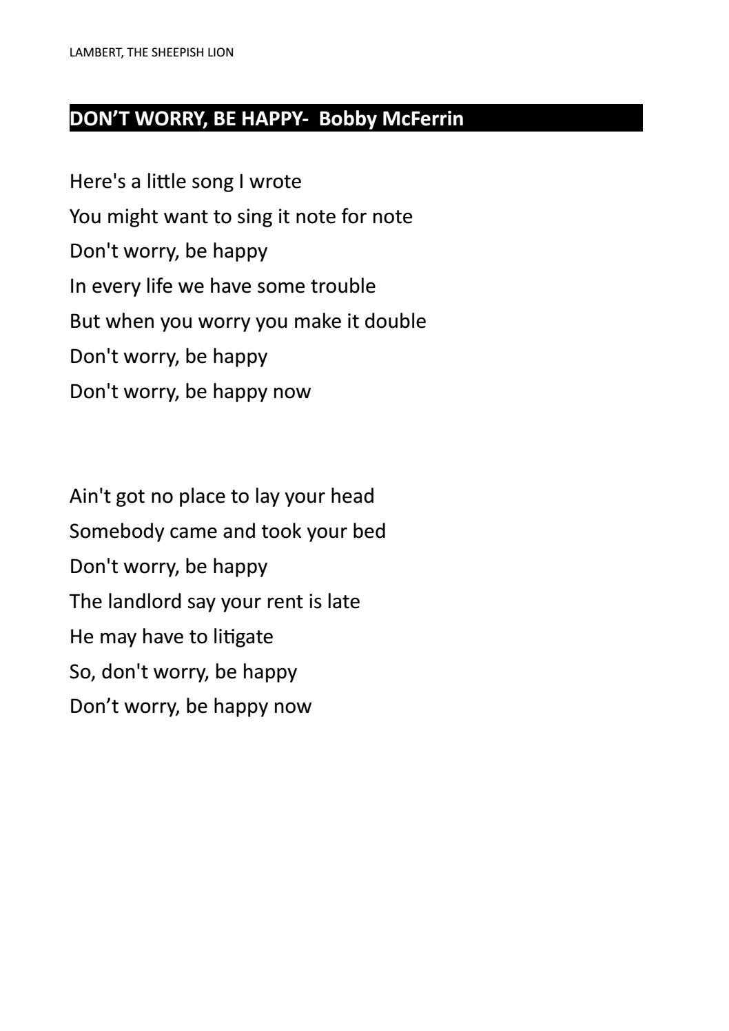 Песня счастливый май. Don t worry be Happy текст. Текст песни don't worry be Happy. Don t worry, перевод.